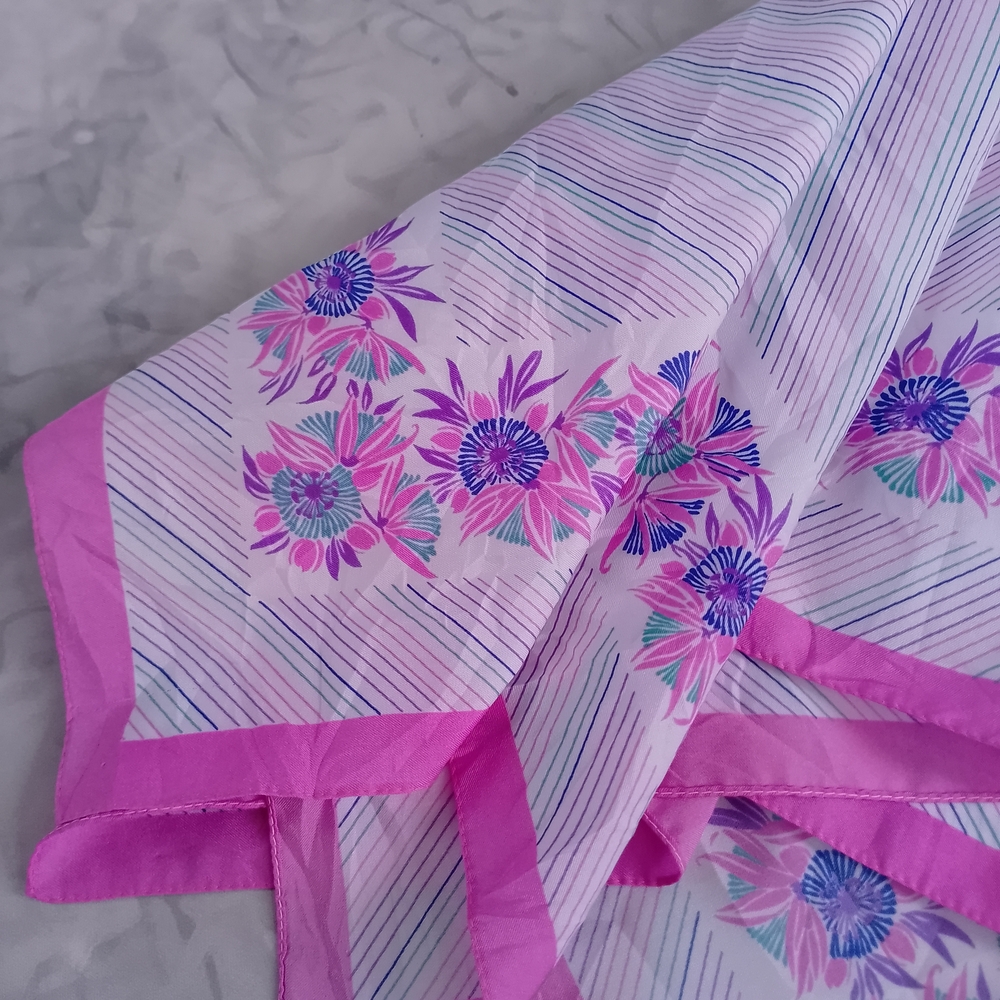 Vintage Floral Silk Scarf Purple White Square Scarf 26” Retro Neck Head Scarf - Picture 5 of 12